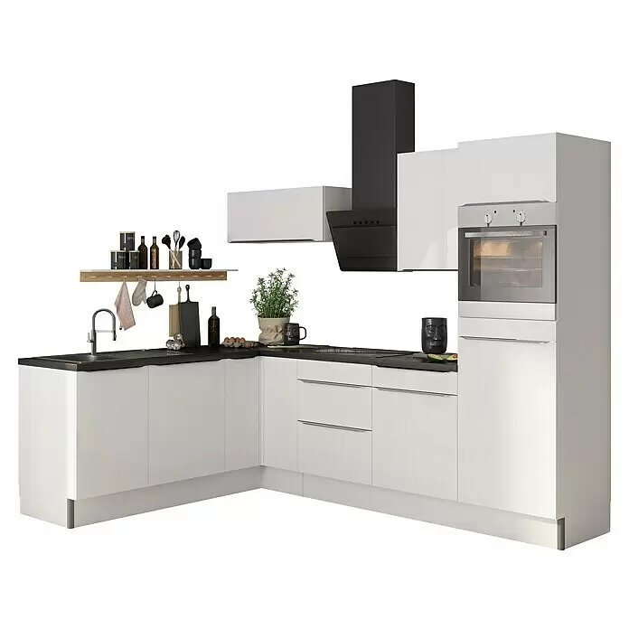 Optifit Winkelküche OPTIkoncept Arvid986 Typ 1 - B x T: 270 x 200 cm, Weiß, Mit Elektrogeräten, Spüle links - Moderne L-förmige Küche mit weißen Schränken, schwarzen Arbeitsplatten, Spüle und Backofen, inklusive Küchenzubehör.