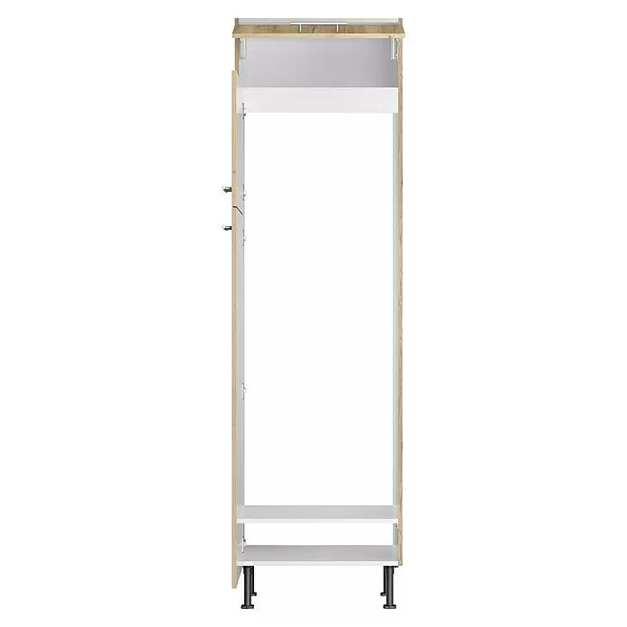 Optifit Demi-Geräteumbauschrank Erik290 - L x B x H: 58,1 x 60 x 211,8 cm, Nachbildung Wildeiche, Für integrierbare Kühl-Gefrierkombination - Hoher offener Schrankrahmen mit heller Holzoptik, weißer Innenausstattung und schwarzen verstellbaren Füßen.