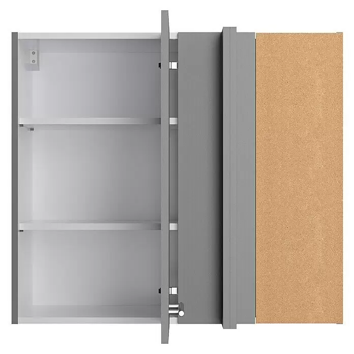 Optifit Eck-Hängeschrank Optikomfort Mats825 - L x B x H: 34,6 x 85 x 70,4 cm, Basaltgrau - Offener grauer Wandschrank mit weißen Einlegeböden und brauner Rückwand.