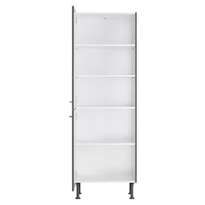 Optifit Midischrank Ingvar420 - L x B x H: 58,1 x 60 x 176,6 cm, Anthrazit matt - Hoher offener weißer Schrank mit dunkelgrauen Seiten und mehreren Einlegeböden, auf schwarzen verstellbaren Füßen.