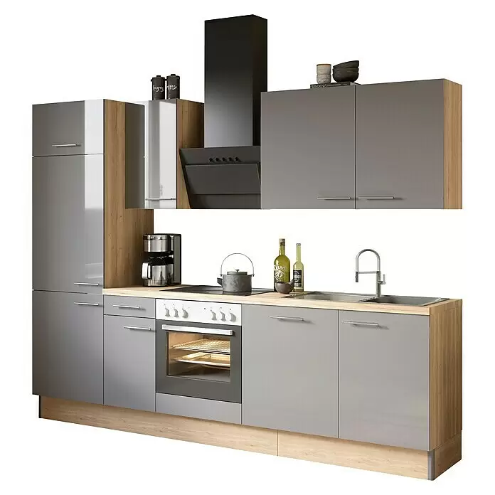 Optifit Küchenzeile OPTIkoncept Jonte984 Typ 2 - Breite: 270 cm, Anthrazit, Mit Elektrogeräten - Elegante graue Küchenzeile mit Holzdetails, Ofen, Kochfeld, Spüle und schwarzer Dunstabzugshaube.