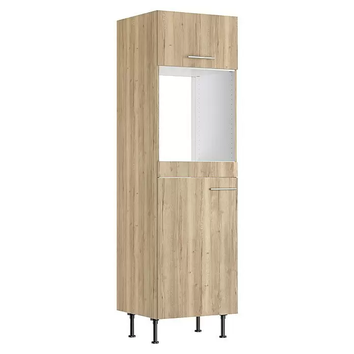 Optifit Kühlumbauschrank Erik290 - L x B x H: 58,1 x 60 x 211,8 cm, Für Backofen und integrierbaren Kühlschrank - Hoher Küchenschrank in heller Holzoptik mit offenem Fach für Einbaugeräte, oberen und unteren Türen sowie verstellbaren schwarzen Füßen.