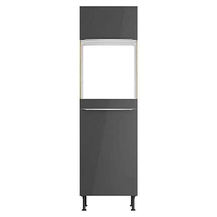 Optifit Geräteumbauschrank Optikomfort Linus984 - L x B x H: 58,1 x 60 x 211,8 cm, Glanz Lack Anthrazit, Für Backofen und integrierbaren Kühlschrank - Dunkelgrauer Hochglanz-Küchenschrank mit offenem Holzrahmenfach und zwei grifflosen Türen auf schwarzen Füßen.