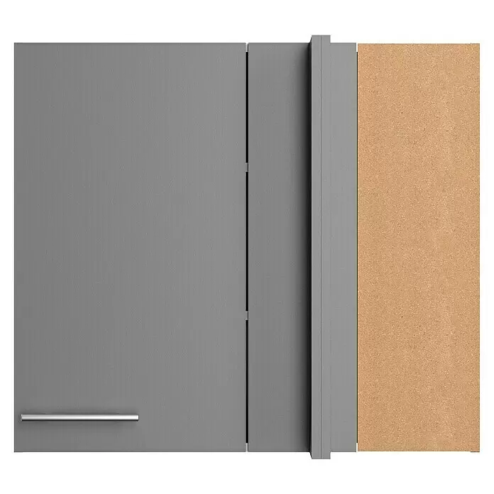 Optifit Eck-Hängeschrank Optikomfort Mats825 - L x B x H: 34,6 x 85 x 70,4 cm, Basaltgrau - Graue Möbelplatte mit Metallgriff und Holzverbund-Seitenplatte.