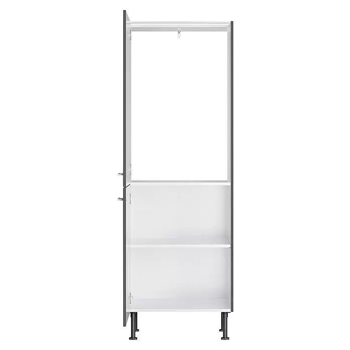 Optifit Midischrank Ingvar420 - L x B x H: 58,1 x 60 x 176,6 cm, Anthrazit matt, Für integrierbaren Kühlschrank - Offener weißer Küchenunterschrank mit grauen Seitenwänden, zwei Einlegeböden und schwarzen verstellbaren Füßen.