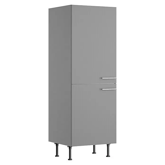 Optifit Midischrank Optikomfort Mats825 - L x B x H: 58,1 x 60 x 176,6 cm, Basaltgrau - Hoher grauer Schrank mit zwei Türen, horizontalen Chromgriffen und schwarzen verstellbaren Beinen.
