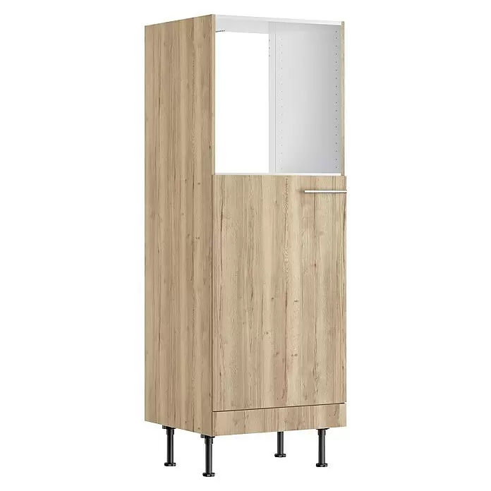 Optifit Geräteumbauschrank Erik290 - L x B x H: 58,1 x 60 x 176,6 cm, Nachbildung Wildeiche, Für Einbaubackofen und integrierbaren Kühlschrank - Hoher Schrank in heller Holzoptik mit offenem weißem Oberteil, geschlossener Tür mit Griff und verstellbaren schwarzen Füßen.