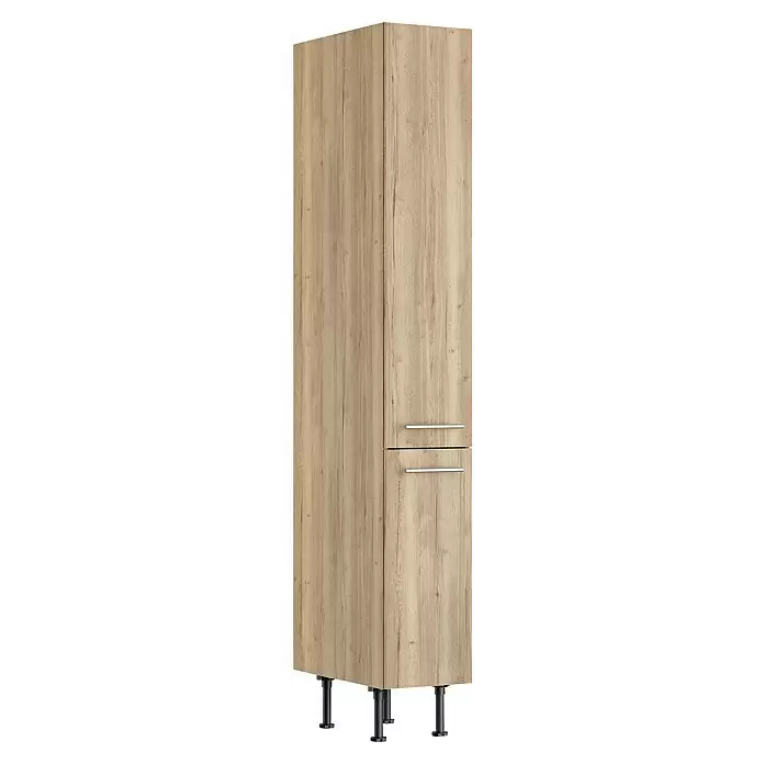Optifit Apotheker-Hochschrank Erik290 - L x B x H: 58,1 x 30 x 211,8 cm, Nachbildung Wildeiche - Hoher hellbrauner Schrank im Holzdekor mit zwei Türen, einer Schublade, silbernen Griffen und schwarzen Standfüßen.
