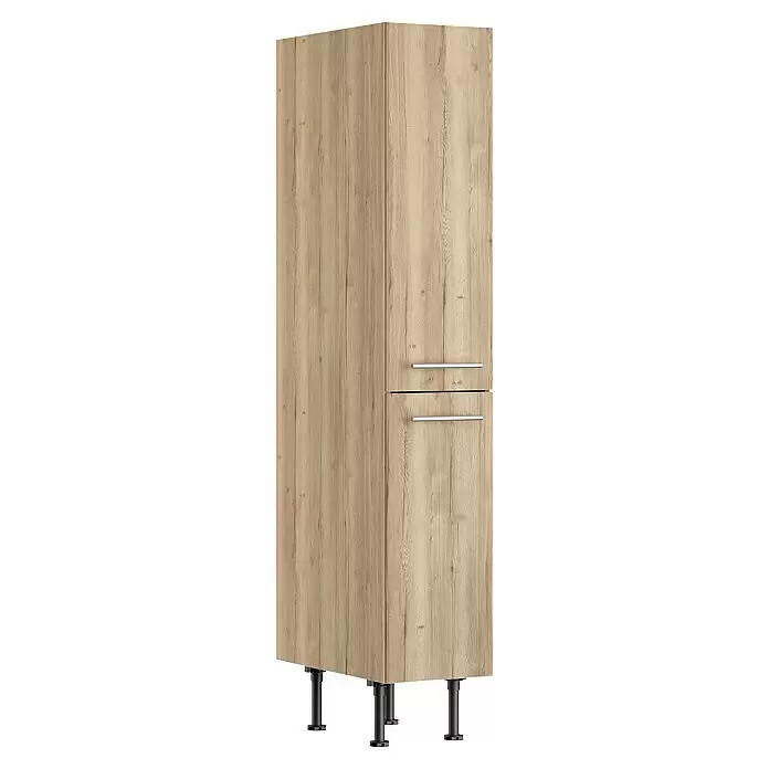 Optifit Apotheker-Hochschrank Erik290 - L x B x H: 58,1 x 30 x 176,6 cm, Nachbildung Wildeiche - Hoher Mehrzweckschrank in heller Holzoptik mit zwei Türen, silbernen Griffen und schwarzen verstellbaren Füßen.
