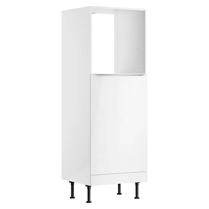 Optifit Küchen-Midischrank Optikomfort Arvid 986 - L x B x H: 58,1 x 60 x 176,6 cm, Glanz Lack Weiß, Für Einbaubackofen und integrierbaren Kühlschrank - Weißer Modulschrank mit offenem Oberteil, Lochreihen für Einlegeböden und geschlossenen Türen auf schwarzen Füßen.