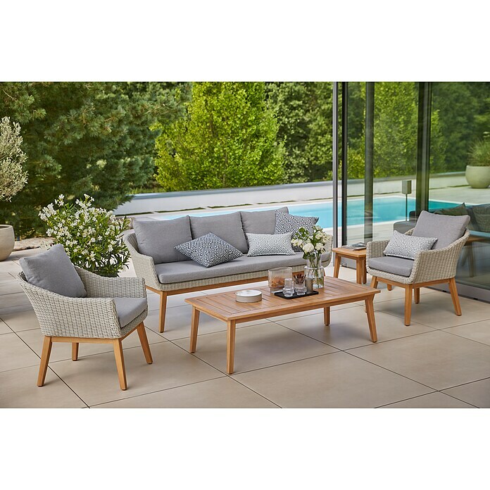 Sunfun Loungemöbel-Set Paula XL (5 -tlg., Aluminium/Akazie/Polyrattan, Hellgrau) | BAUHAUS