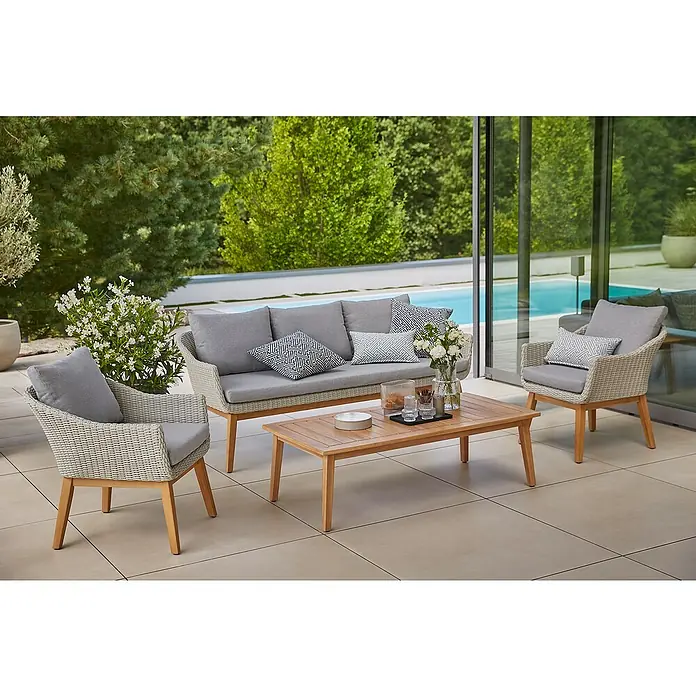 Sunfun Paula Garten-Loungetisch - L x B x H: 140 x 70 x 42 cm, Akazie, Braun - Einladende Outdoor-Lounge-Gruppe mit einem Sofa, zwei Sesseln und einem Couchtisch, ideal für entspannte Stunden im Freien.