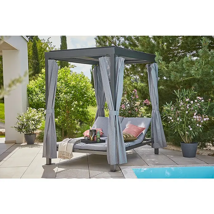 Sunfun Maja Loungeliege - L x B x H: 222 x 159 x 230 cm, Metall, Grau - Entspannen Sie stilvoll auf dieser grauen Outdoor-Doppelliege mit Vorhängen, die Schatten spenden und Privatsphäre bieten. Eine perfekte Ergänzung für Ihren Garten!