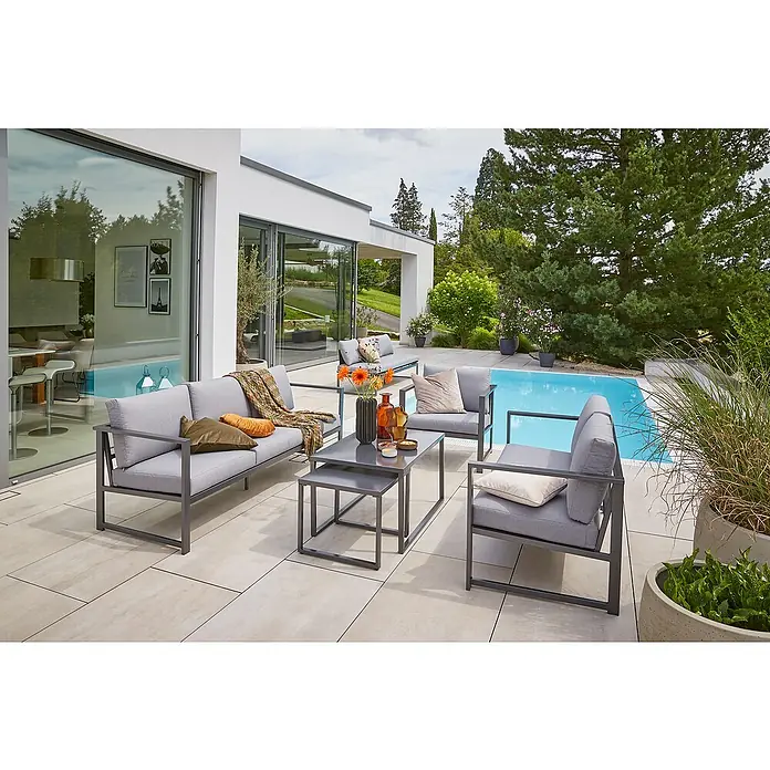 Sunfun Maja Slim Garten-Couchtisch - L x B x H: 90 x 60 x 50 cm, Anthrazit - Entspannen Sie im Freien mit diesem stilvollen grauen Gartenmöbelset. Es bietet Komfort und Eleganz für Ihren Garten oder Ihre Terrasse.
