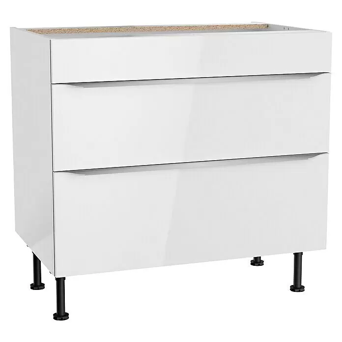 Optifit Unterschrank Optikomfort Arvid 986 - 58,1 x 90 x 87 cm, Glanz Lack Weiß, Für Kochfeld - Weißer Unterschrank mit zwei grifflosen Schubladen auf schwarzen, verstellbaren Füßen. Unbearbeitete Oberseite für Arbeitsplattenmontage.