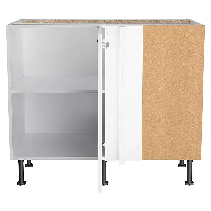 Optifit Küchen-Eck-Unterschrank Optikomfort Rurik986 - L x B x H: 58,4 x 100 x 87 cm, Glanz Lack Weiß - Weißer zweitüriger Küchenunterschrank, eine Tür offen mit Regal. Oberseite/Seite aus roher Spanplatte, verstellbare schwarze Füße.