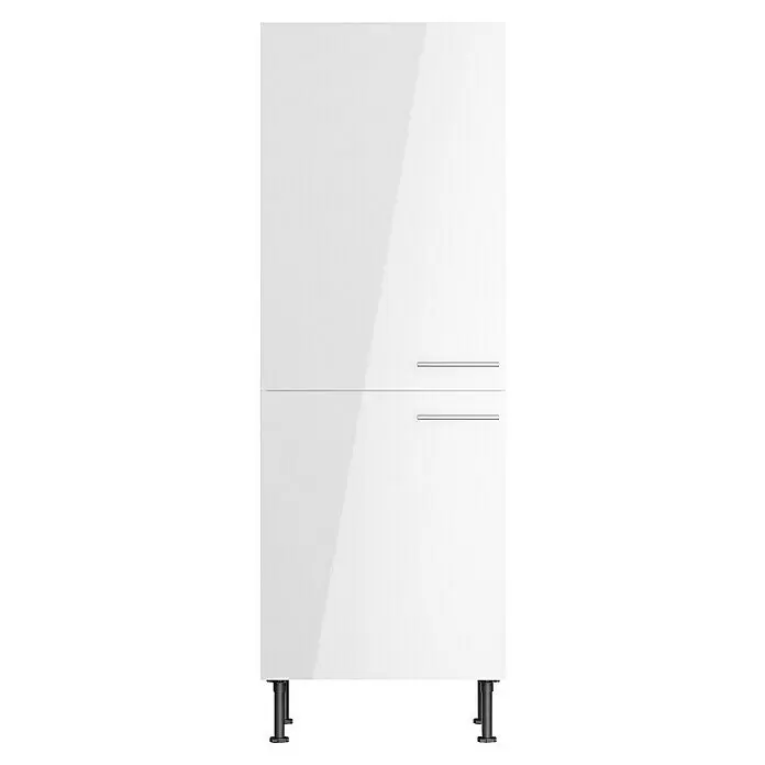 Optifit Geräteumbauschrank Optikomfort Rurik986 - L x B x H: 58,1 x 60 x 176,6 cm, Glanz Lack Weiß, Für integrierbaren Kühlschrank - Weißer Hochglanz-Schrank mit zwei Türen/Schubladen, silbernen Griffen und verstellbaren Füßen.