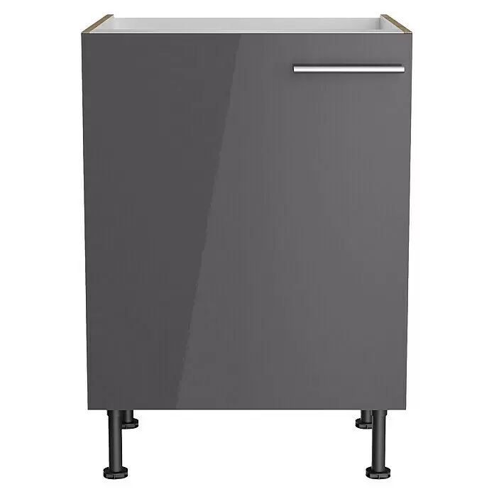 Optifit Spülenunterschrank Jonte984 - L x B x H: 58,1 x 60 x 87 cm, Glanz Lack Anthrazit - Dunkelgrauer Hochglanz-Küchenunterschrank mit silbernem Griff und verstellbaren Füßen.