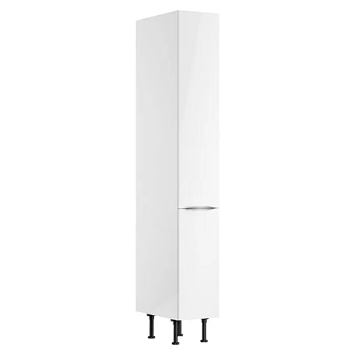 Optifit Hochschrank Optikomfort Arvid 986 - L x B x H: 58,1 x 30 x 211,8 cm, Glanz Lack Weiß - Weißer Hochschrank mit drei Türen und schwarzen verstellbaren Beinen. Integrierter Griff auf der rechten Seite.