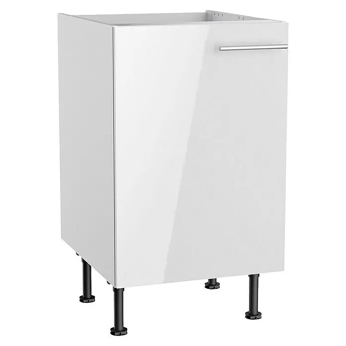 Optifit Spülenunterschrank Optikomfort Rurik986 - L x B x H: 58,1 x 50 x 87 cm, Glanz Lack Weiß - Weißer Hochglanz-Küchenunterschrank mit silbernem Griff und schwarzen Verstellfüßen.