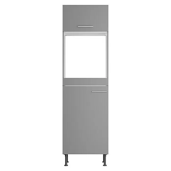 Optifit Hochschrank Optikomfort Mats825 - L x B x H: 58,1 x 60 x 211,8 cm, Basaltgrau, Platz Backofen und Kühlschrank - Graues Schrankelement mit zwei Türen, einem transparenten Mittelfach und zwei Griffen, stehend auf vier Füßen.