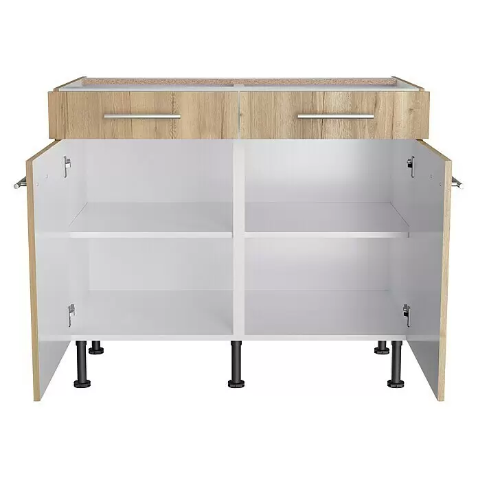 Optifit Unterschrank Erik290 - L x B x H: 58,1 x 100 x 87 cm, Nachbildung Wildeiche - Heller Holzmaserung Küchenunterschrank mit zwei Schubladen, silbernen Griffen, geöffneten Türen, weißen Regalböden und schwarzen Füßen.