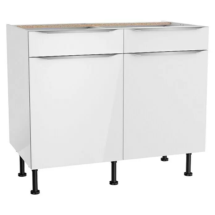 Optifit Küchen-Unterschrank Optikomfort Arvid 986 - 58,1 x 100 x 87 cm, Glanz Lack Weiß, Mit 2 Schubkästen - Weißer Hochglanz-Küchenunterschrank mit zwei Schubladen, zwei Türen und schwarzen verstellbaren Beinen.