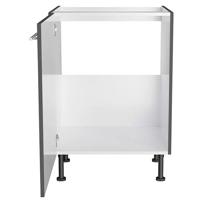 Optifit Spülenunterschrank Ingvar420 - L x B x H: 58,1 x 60 x 87 cm, Anthrazit matt - Weißes modulares Unterschrankgestell mit dunkelgrauer Seitenwand, verstellbaren schwarzen Füßen und inneren Regalstützen.
