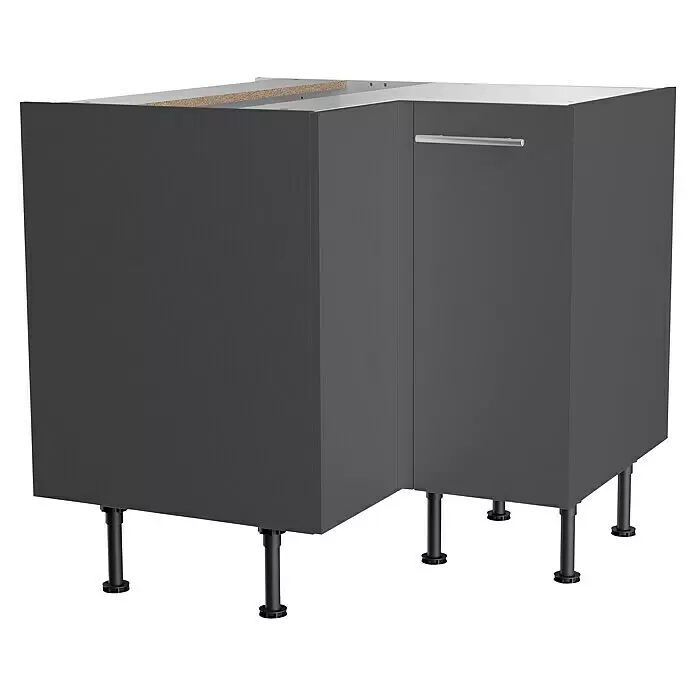 Optifit Küchen-Eck-Unterschrank Ingvar420 - L x B x H: 58,1 x 90 x 87 cm, Anthrazit matt - Dunkelgrauer L-förmiger Küchenunterschrank mit silbernem Griff und verstellbaren Füßen, bereit für die Arbeitsplatteninstallation.