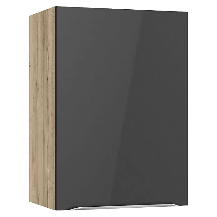 Optifit Hängeschrank Optikomfort Linus984 - L x B x H: 34,6 x 50 x 70,4 cm, Glanz Lack Anthrazit - Hoher Schrank mit Holzoptik-Seite und dunkelgrauer Hochglanzfront, mit dezenter Griffleiste unten.