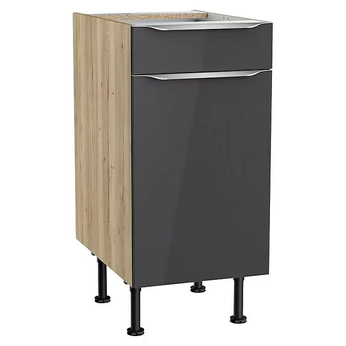 Optifit Unterschrank Optikomfort Linus984 - L x B x H: 58,1 x 40 x 87 cm, Glanz Lack Anthrazit - Küchenunterschrank mit zwei dunkelgrauen Hochglanzschubladen, heller Holzseite und schwarzen verstellbaren Füßen.
