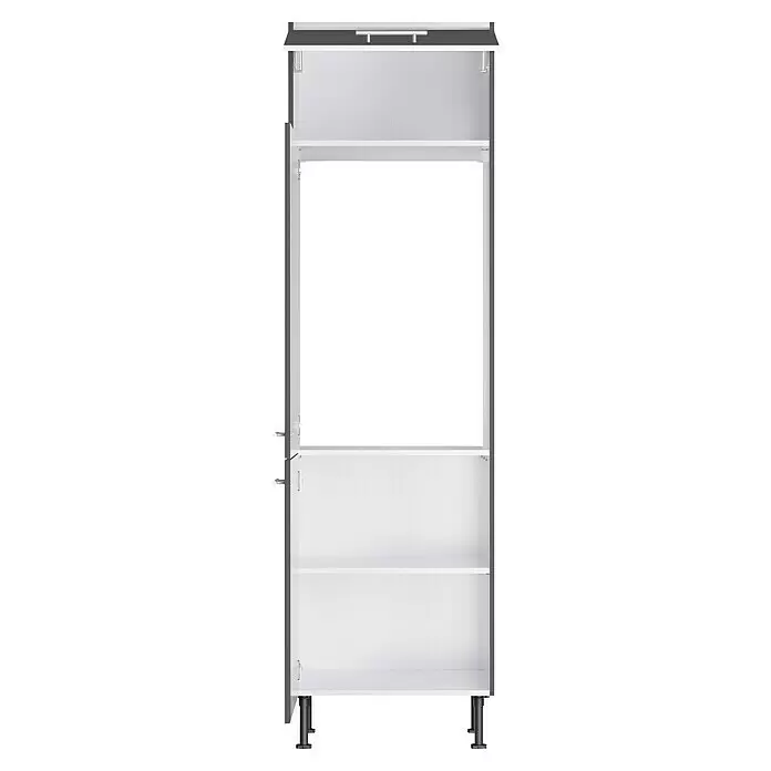 Optifit Hochschrank Ingvar420 - L x B x H: 58,1 x 60 x 211,8 cm, Anthrazit matt, Für integrierbaren Kühlschrank - Offener Kleiderschrank mit weißem Innenraum, dunkelgrauem Rahmen, silberner Kleiderstange, Regalen und schwarzen verstellbaren Füßen.
