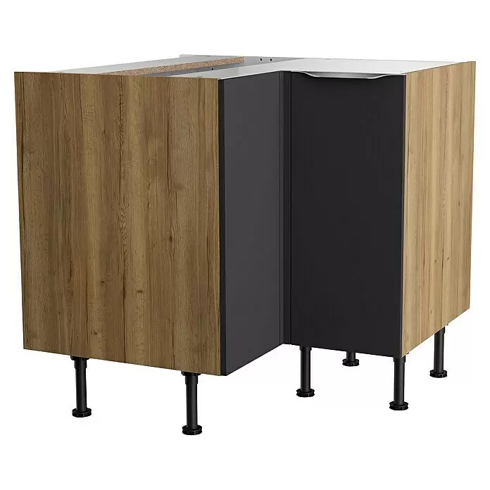 Optifit Eck-Unterschrank Optikomfort Linus984 - L x B x H: 58,1 x 90 x 87 cm, Glanz Lack Anthrazit - Eckunterschrank mit Holzoptik-Seiten und dunkelgrauen Fronten auf schwarzen verstellbaren Beinen.