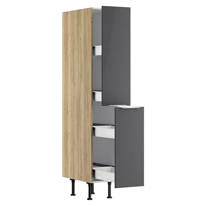 Optifit Apotheker-Hochschrank Optikomfort Linus984 - L x B x H: 58,1 x 30 x 176,6 cm, Glanz Lack Anthrazit - Hoher Küchenschrank mit heller Holzmaserung an der Seite und dunkelgrauen glänzenden Türen/Schubladen, teils geöffnet, auf schwarzen Füßen.