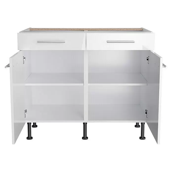Optifit Küchen-Unterschrank Optikomfort Rurik986 - L x B x H: 58,1 x 100 x 87 cm, Glanz Lack Weiß - Weißer Küchenunterschrank mit zwei Schubladen und zwei offenen Türfächern, Spanplattenoberseite und verstellbaren dunklen Füßen.