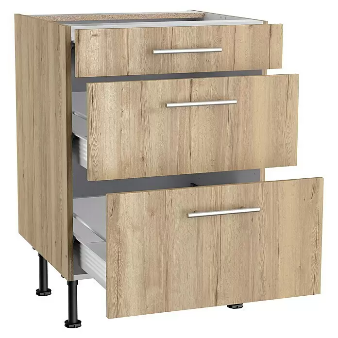 Optifit Küchen-Unterschrank Erik290 - L x B x H: 58,1 x 60 x 87 cm, Mit 3 Schubkästen - Dreischubladenschrank in heller Holzoptik mit silbernen Griffen und schwarzen, verstellbaren Füßen, alle Schubladen teilweise geöffnet.
