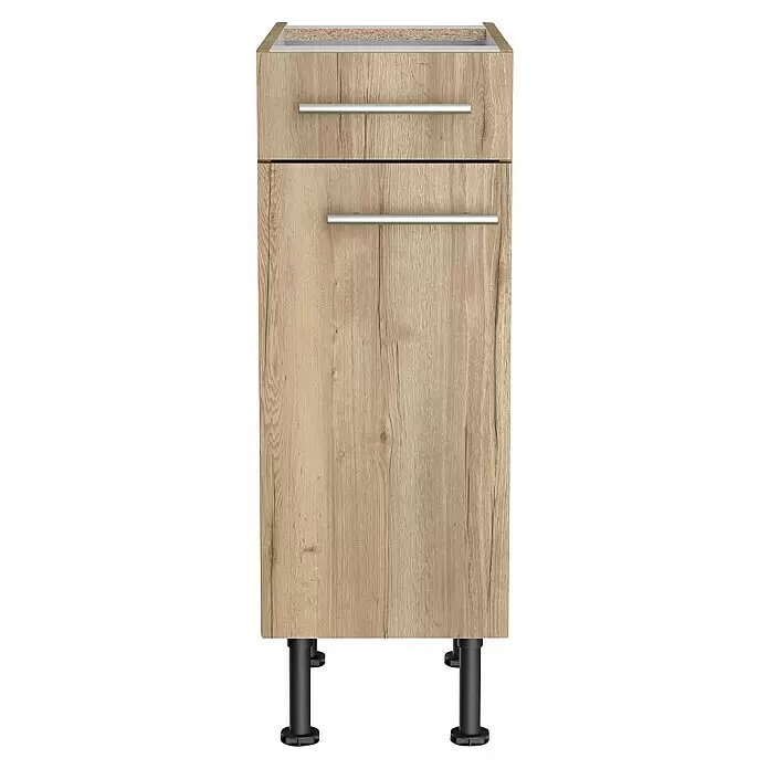 Optifit Unterschrank Erik290 - L x B x H: 58,1 x 30 x 87 cm, Nachbildung Wildeiche - Heller Holzunterschrank mit zwei Schubladen/Türen, silbernen Griffen und schwarzen verstellbaren Füßen.