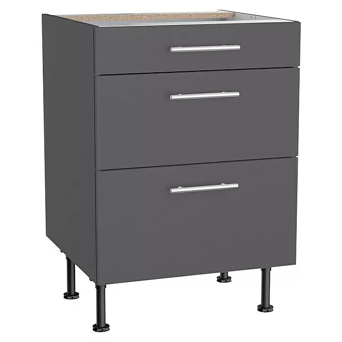 Optifit Küchen-Unterschrank Ingvar420 - L x B x H: 58,1 x 60 x 87 cm, Anthrazit matt, Mit Schubkästen - Dunkelgrauer Dreischubladenschrank mit silbernen Griffen und schwarzen Beinen, mit unbehandelter Oberseite.