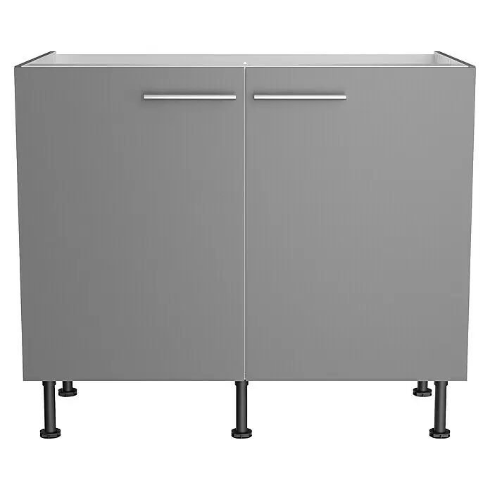Optifit Spülenunterschrank Optikomfort Mats825 - L x B x H: 58,1 x 100 x 87 cm, Basaltgrau - Grauer Unterschrank mit zwei Türen, silbernen Griffen und verstellbaren schwarzen Füßen.