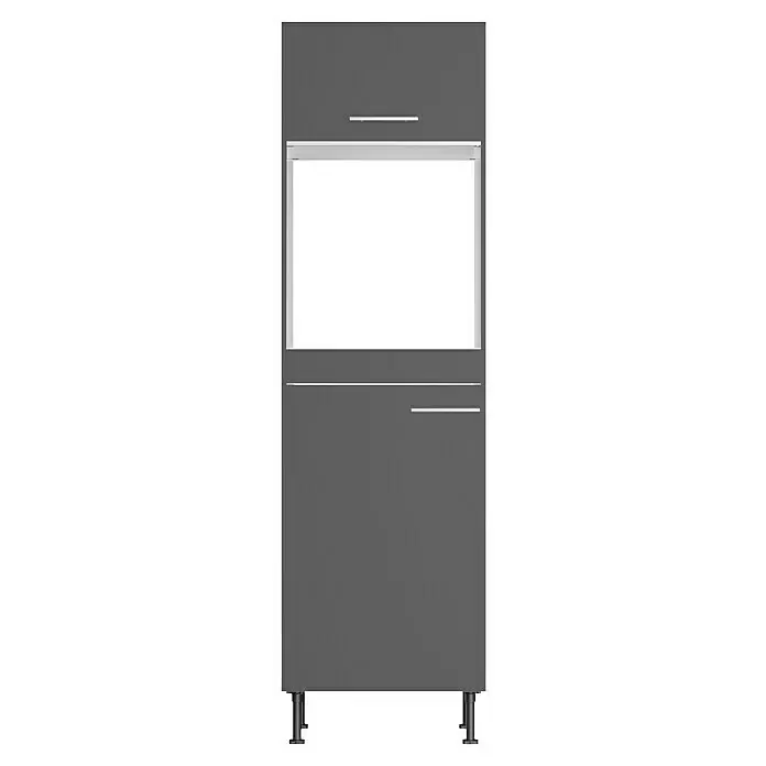 Optifit Hochschrank Ingvar420 - L x B x H: 58,1 x 60 x 211,8 cm, Anthrazit matt, Für Backofen und integrierbaren Kühlschrank - Grauer Schrank mit transparentem Displaybereich und silbernen Griffen, auf dunklen Beinen stehend.