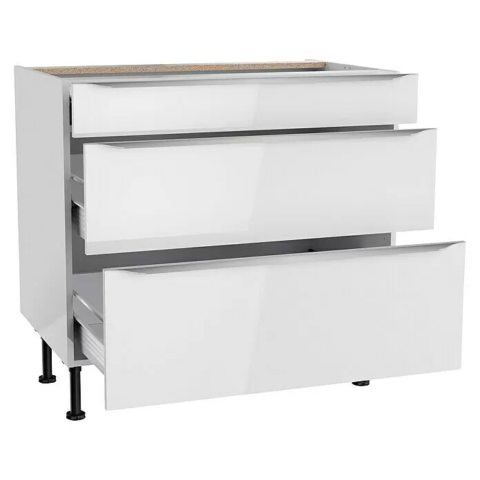 Optifit Unterschrank Optikomfort Arvid 986 - 58,1 x 90 x 87 cm, Glanz Lack Weiß, Mit Schubkasten und 2 Auszügen - Weißer Hochglanz-Küchenunterschrank mit drei teilweise geöffneten Schubladen und schwarzen verstellbaren Füßen. Unbehandelte Spanplatte oben.