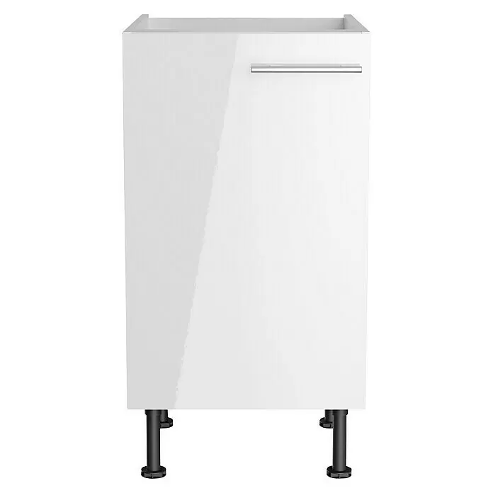 Optifit Spülenunterschrank Optikomfort Rurik986 - L x B x H: 58,1 x 45 x 87 cm, Glanz Lack Weiß - Weißer, glänzender Unterschrank für die Küche mit silbernem Griff und schwarzen verstellbaren Füßen.