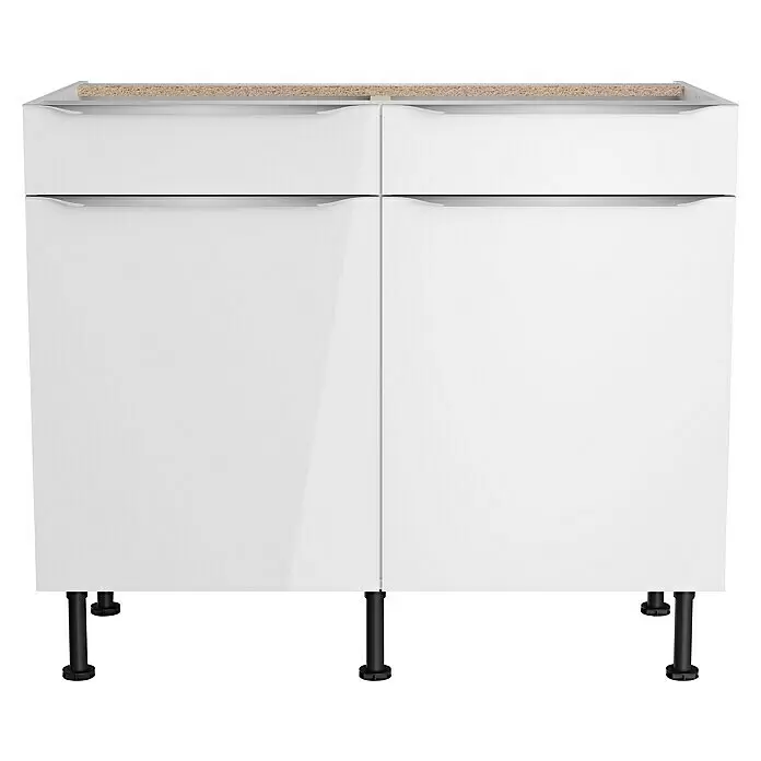 Optifit Küchen-Unterschrank Optikomfort Arvid 986 - 58,1 x 100 x 87 cm, Glanz Lack Weiß, Mit 2 Schubkästen - Weißer Unterschrank mit zwei Türen, zwei Schubladen, integrierten Griffen und schwarzen verstellbaren Beinen.