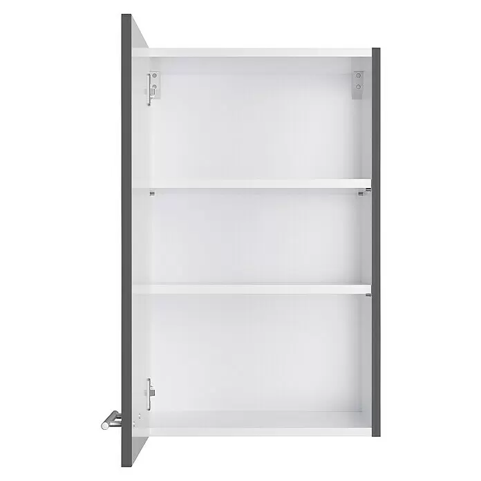 Optifit Hängeschrank Ingvar420 - L x B x H: 34,6 x 45 x 70,4 cm, Anthrazit matt - Offener weißer Hängeschrank mit grauem Rahmen, verstellbaren Böden und silbernen Beschlägen und Griff.