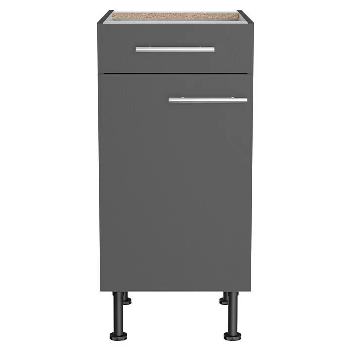Optifit Unterschrank Ingvar420 - L x B x H: 58,1 x 40 x 87 cm, Anthrazit matt - Dunkelgrauer Küchenunterschrank mit einer Schublade, einer Tür, silbernen Griffen und schwarzen Beinen.