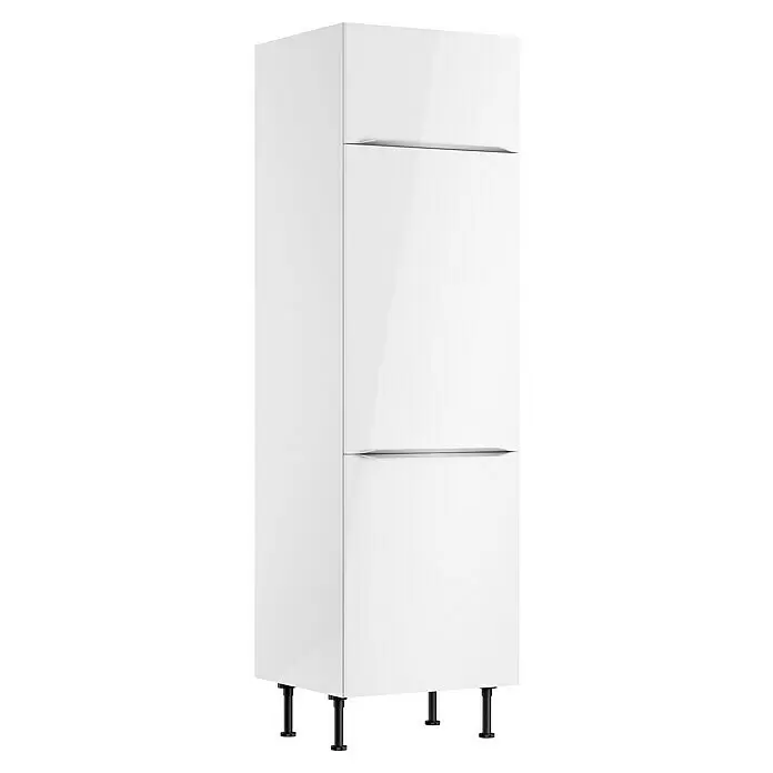 Optifit Demi-Geräteumbauschrank Optikomfort Arvid 986 - L x B x H: 58,1 x 60 x 211,8 cm, Glanz Lack Weiß, Für integrierbaren Kühlschrank - Weißer Hochschrank mit Hochglanzoberfläche, drei Türen und integrierten Griffen, auf schwarzen verstellbaren Füßen.
