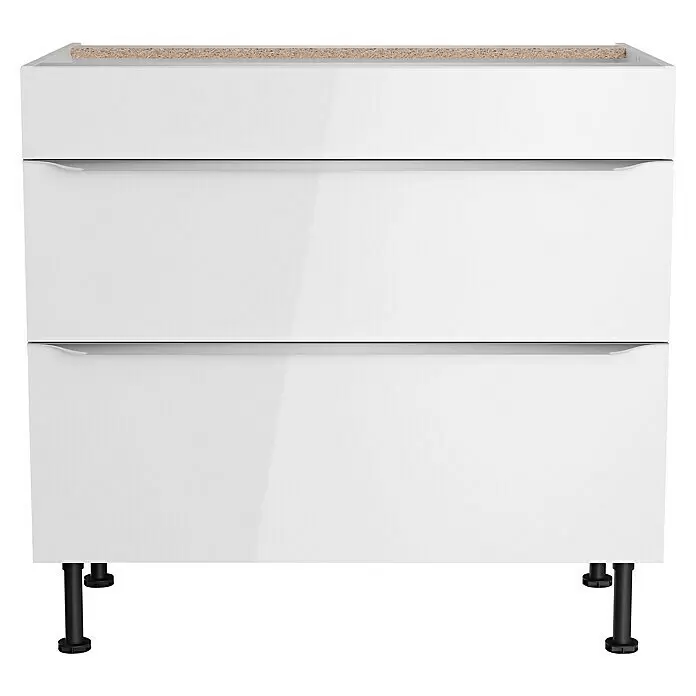 Optifit Unterschrank Optikomfort Arvid 986 - 58,1 x 90 x 87 cm, Glanz Lack Weiß, Für Kochfeld - Weißer Hochglanz-Schubladenunterschrank mit zwei Schubladen, integrierten Griffen, Spanplatte oben und schwarzen Füßen.