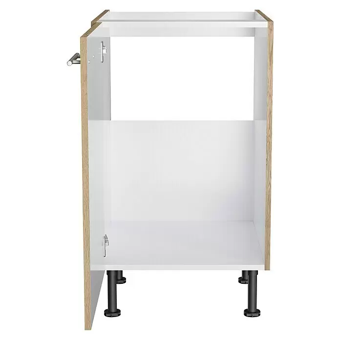 Optifit Spülenunterschrank Erik290 - L x B x H: 58,1 x 50 x 87 cm, Nachbildung Wildeiche - Offener weißer Küchenunterschrankrahmen mit hellen Holzseiten und schwarzen verstellbaren Füßen.