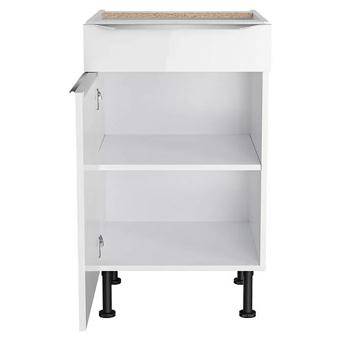Optifit Unterschrank Optikomfort Arvid 986 - 58,1 x 50 x 87 cm, Glanz Lack Weiß, Mit Schubkasten - Weißer Küchenunterschrank mit offener Schublade, Einlegeboden, geöffneter Tür und schwarzen verstellbaren Füßen.