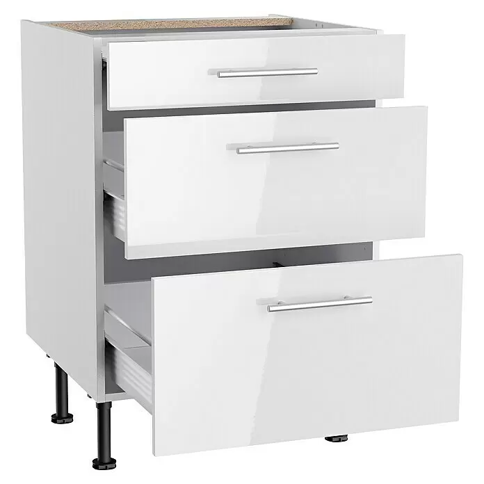 Optifit Küchen-Unterschrank Optikomfort Rurik986 - L x B x H: 58,1 x 60 x 87 cm, Glanz Lack Weiß, Mit 3 Schubkästen - Weißer dreischübiger Unterschrank mit Metallgriffen, einige Schubladen geöffnet, auf schwarzen verstellbaren Füßen.